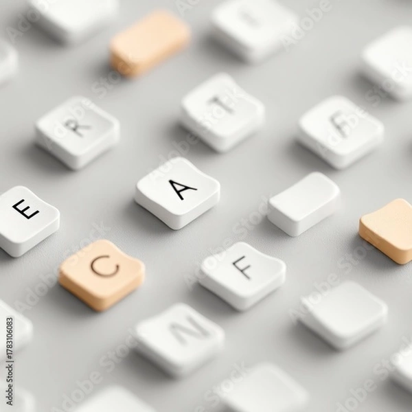 Fototapeta Typing on Keyboard Close-up of a computer keyboard with white and beige keys, focusing on the letter keys for gaming or typing concept