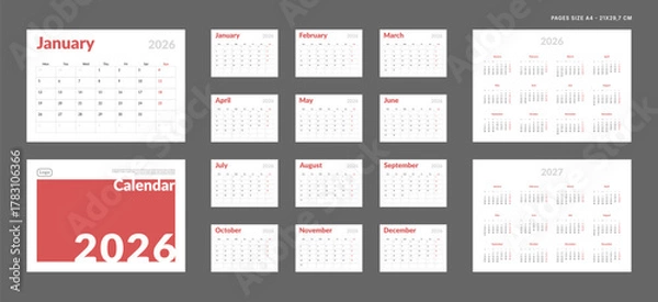 Fototapeta 2026 Calendar Planner Set of Template grid Monthly Page, Cover with Place for Photo, Company Logo, Annual 2026, 2027. Vector layout of wall or desk organizer ready print. Week start Monday. Pages A4