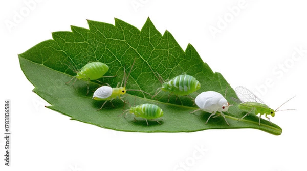 Obraz Aphids on Leaf: A close-up view reveals a cluster of aphids feeding on a vibrant green leaf, showcasing the intricate details of nature's small inhabitants. 
