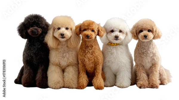 Fototapeta Poodles of Every Hue: A delightful array of poodles, each boasting a unique coat color, pose together in a heartwarming display of canine charm and elegance.