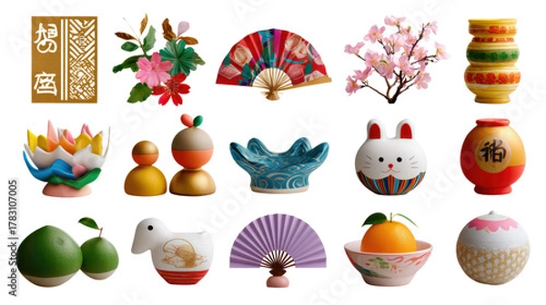 Fototapeta Ornate Embellishments of Celebration: A tapestry of vibrant decorations, from intricate fans to blossoming flora, exuding festive charm, each item carefully crafted.