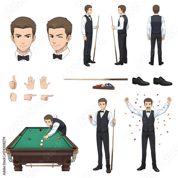 Fototapeta Set of snooker player character. illustration design.