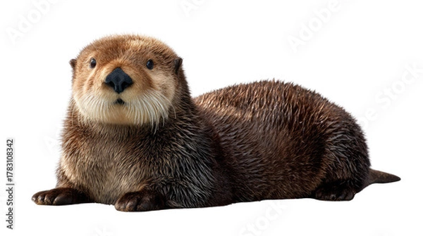 Fototapeta Curious Sea Otter: A charming sea otter gazes directly at the viewer with an expression of gentle curiosity, its sleek fur contrasting with its playful demeanor.