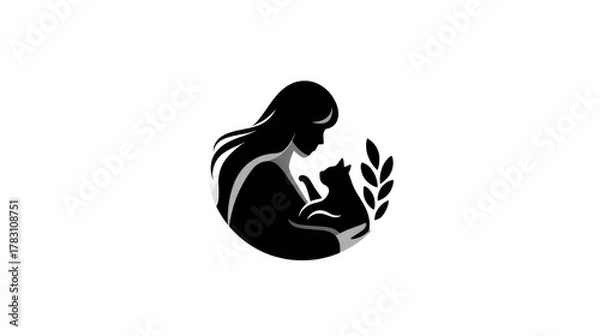 Obraz Embracing Companion: A tender illustration depicts a woman gently cradling a beloved cat, symbolizing the deep bond of affection and the comfort of companionship.
