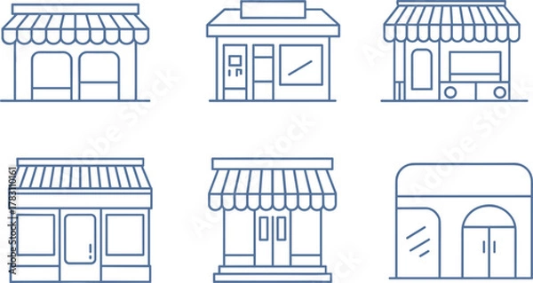 Fototapeta Set of Six Simplified Line Art Storefront Icons Featuring Unique Shop Facades for Urban Retail, Branding, and Business Design Projects
