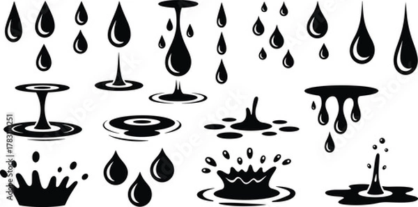 Fototapeta Set of sixteen black and white water droplet and splash vector illustrations showing liquid motion, ripple effects, and fluid dynamics