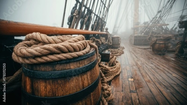 Fototapeta Wooden ship deck scene with coiled rope, mast rigging, and barrels shrouded in fog