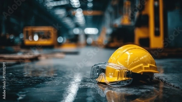 Fototapeta Yellow hardhat with safety glasses sits on a factory floor with a blurred industrial background