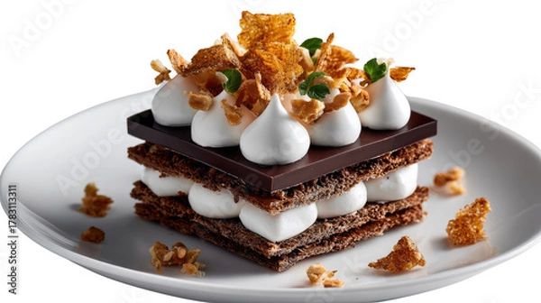 Obraz Exquisite Layered Dessert: A meticulously crafted dessert, showcasing layers of rich chocolate, airy cream, and delicate crispy elements, artfully arranged on a pristine plate.