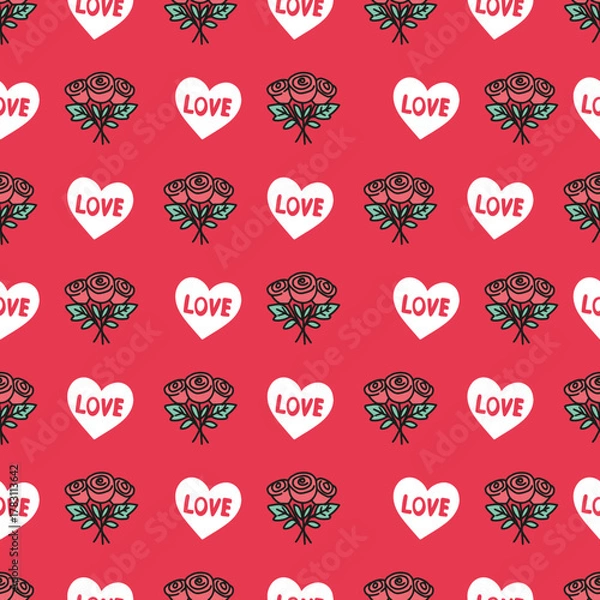 Fototapeta Red Love Pattern with Roses and White Hearts. Perfect for Valentine Day, romantic designs, wedding invitations, gift wrapping paper, textiles, greeting cards, and festive backgrounds.