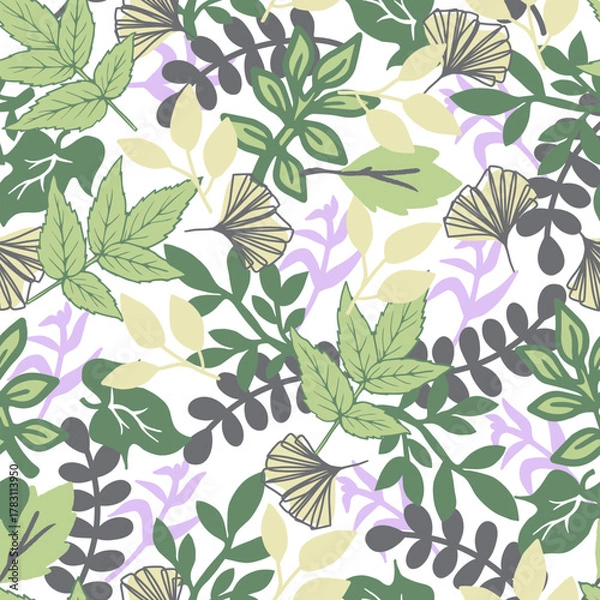 Fototapeta Spring Green and Purple Leaves Foliage Pattern. Perfect for spring design themes, fabric prints, packaging, wallpapers, and eco-friendly branding. Elegant and natural leaf seamless pattern