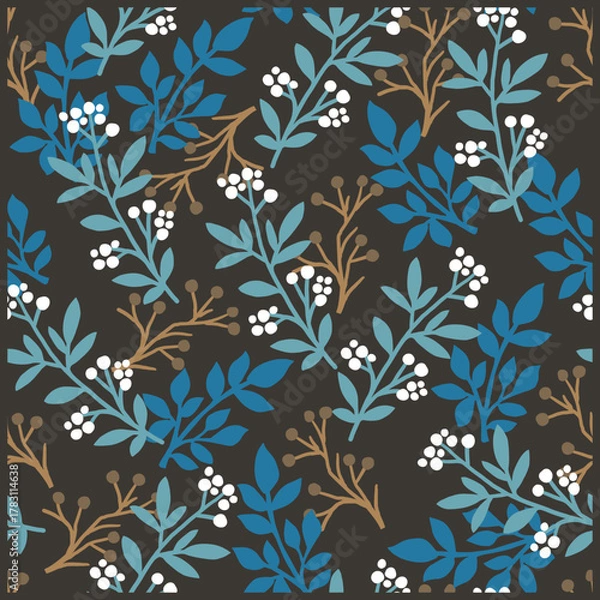 Fototapeta Wild Floral Blue Leaves and Berry Sprigs Pattern. Perfect for fabric prints, wallpaper, packaging, and stationery. The modern floral style combines natural elegance with a stylish decorative touch