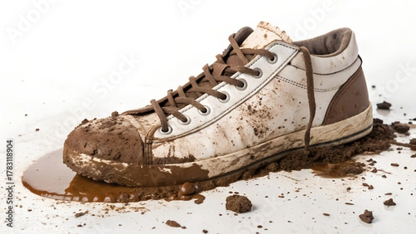 Fototapeta A shoe covered in mud, with white background

