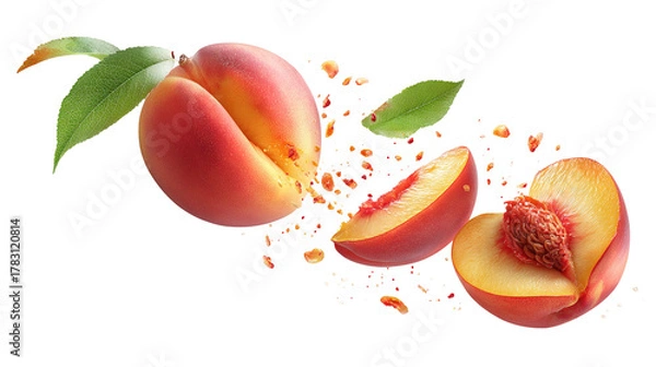 Obraz Fresh Juicy Peach with Slices and Green Leaves white background PNG image 