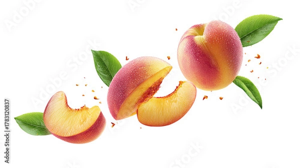 Obraz Fresh Juicy Peach with Slices and Green Leaves white background PNG image 