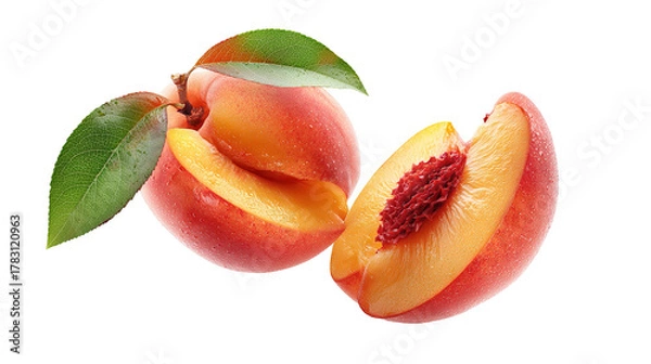Obraz Fresh Juicy Peach with Slices and Green Leaves white background PNG image 