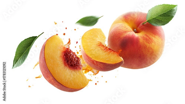 Fototapeta Fresh Juicy Peach with Slices and Green Leaves white background PNG image 