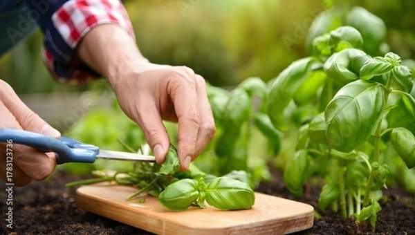 Obraz Gardener harvesting fresh basil leaves with scissors in a garden
