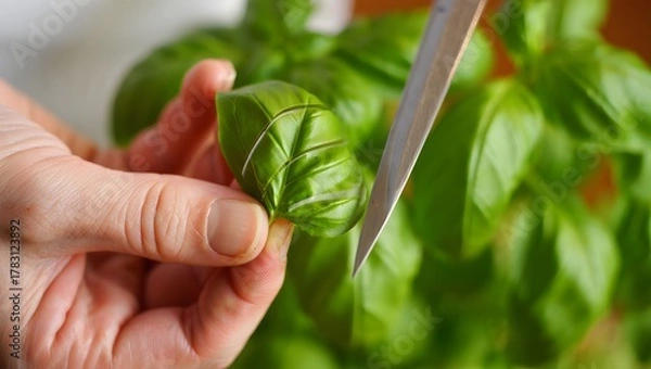 Obraz Hand cutting fresh basil leaves from a plant with scissors for cooking