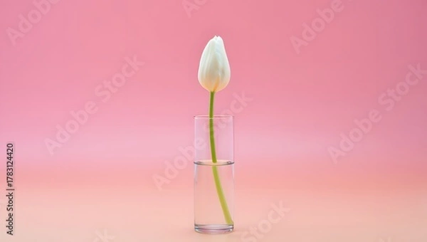 Obraz Single white tulip bud in a clear glass vase on a pink background