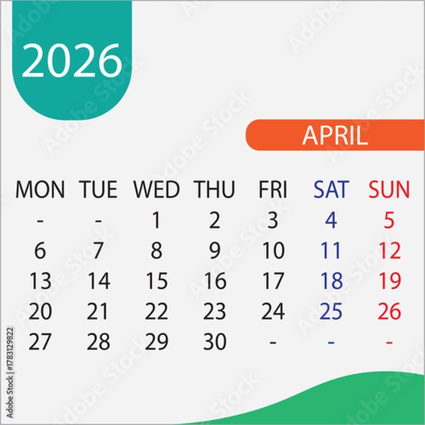 Fototapeta Vector illustration of a calendar for April 2026