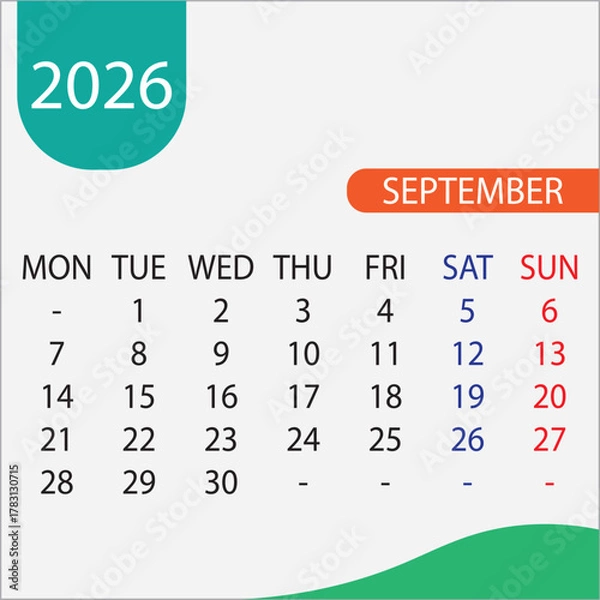 Fototapeta Vector illustration of a calendar for September 2026
