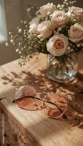 Fototapeta Elegant rose bouquet and stylish sunglasses rest on a sunlit rustic wooden table creating a serene and sophisticated scene perfect for lifestyle and beauty concepts.