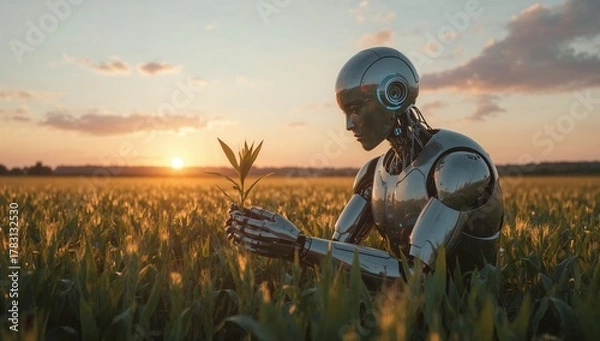 Obraz Advanced robot meticulously examines a young plant in a golden wheat field at sunset, symbolizing futuristic agriculture and sustainable growth
