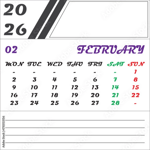 Fototapeta Calendar design for February 2026