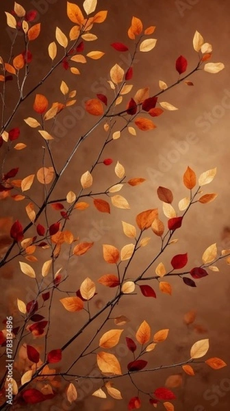 Fototapeta Vibrant autumn leaves in warm, earthy tones gracefully adorn delicate branches against a soft, diffused background, evoking cozy seasonal charm.