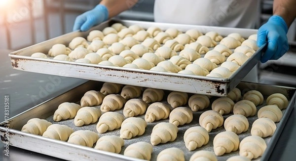 Fototapeta Freshly prepared croissants ready for baking in a professional bakery kitchen offering delicious treats and tempting breakfast options for food lovers
