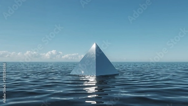 Fototapeta Surreal metallic pyramid emerges from calm ocean waters under a clear blue sky, reflecting sunlight and promising mystery and discovery.