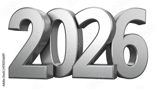 Fototapeta 3D Silver Chrome Year 2026 Isolated on Transparent Background