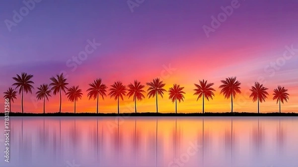 Fototapeta Vibrant Tropical Sunset Over Calm Water With Silhouetted Palm Trees Reflected Across The Horizon And Sky Painted In Orange Purple And Yellow Hues