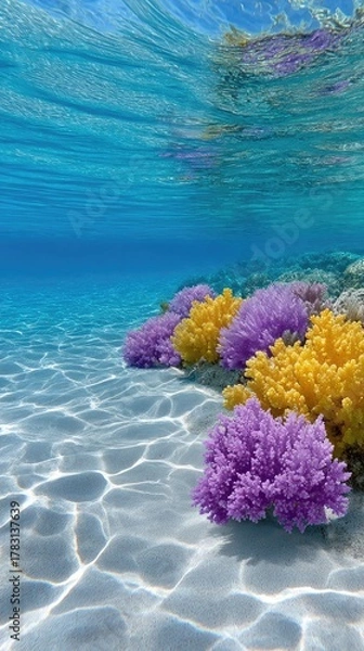 Fototapeta Vibrant Underwater Coral Reef Scene With Purple Yellow Corals and Sparkling Blue Water Sunlight Reflection on Sandy Ocean Floor