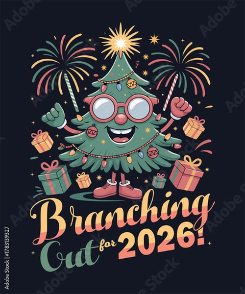 Obraz Cute Christmas Tree Mascot – Branching Out for 2026 New Year T-Shirt Design