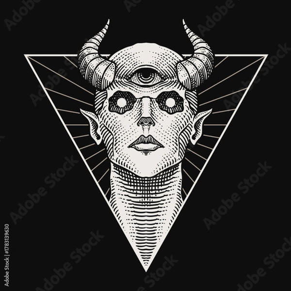 Fototapeta Illustration of Mystical Creature with Third Eye and Horns in Engraved Style Vector