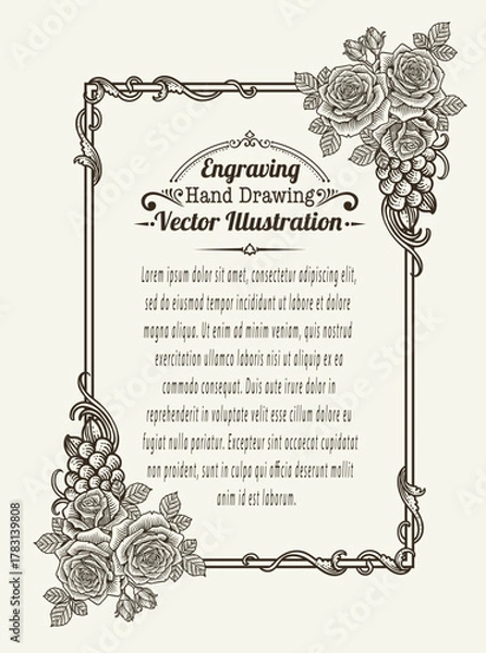 Fototapeta Elegant Hand Drawn Engraved Roses and Ornamental Frame Vector Illustration