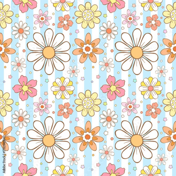 Obraz Retro Groovy Pastel floral seamless pattern with pink flowers with strip for spring textile design