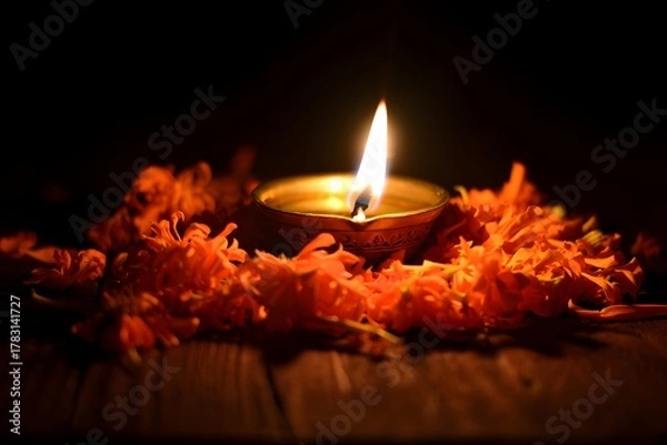 Fototapeta Diya lamp surrounded by orange marigold flowers on a dark background with soft lighting