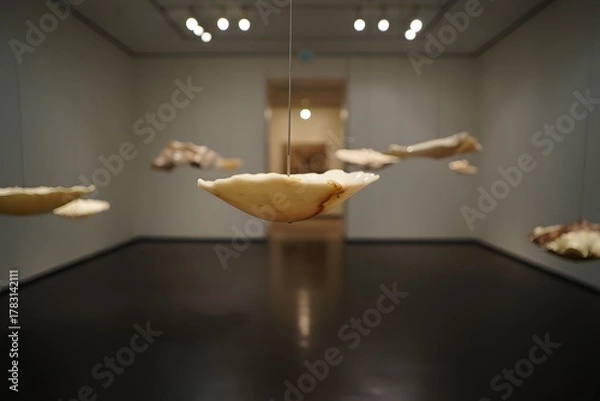 Fototapeta Floating sculptures in modern art gallery with sleek black floor and bright lighting