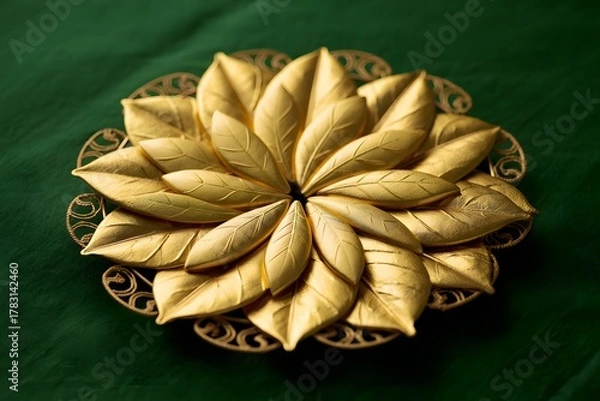 Fototapeta Golden leaves arranged in a circular pattern on a decorative golden stand against green