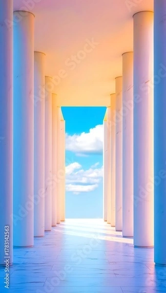 Fototapeta Hallway of columns leading to blue sky and clouds, architectural perspective view