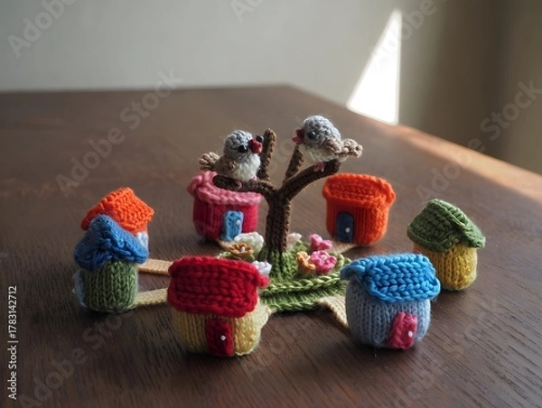 Fototapeta Knitted village with birds on a tree is a whimsical and charming miniature scene crafted