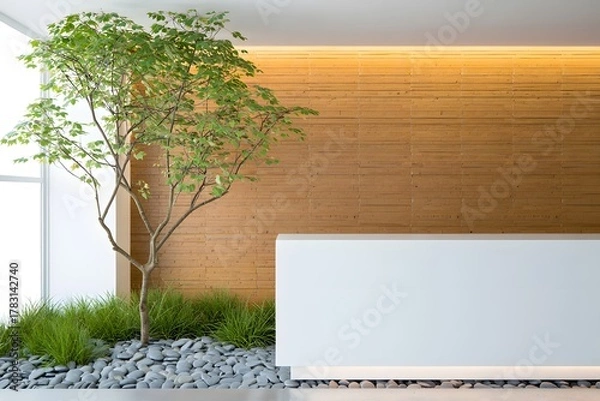 Fototapeta Interior design with tree and reception desk featuring natural elements style