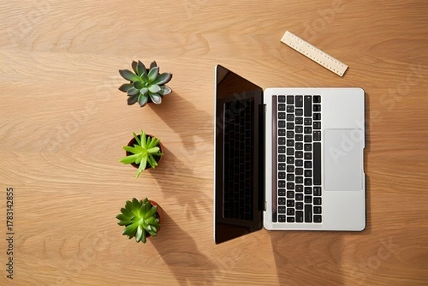 Fototapeta Laptop with succulents on wooden surface and ruler in the background, top view flatlay