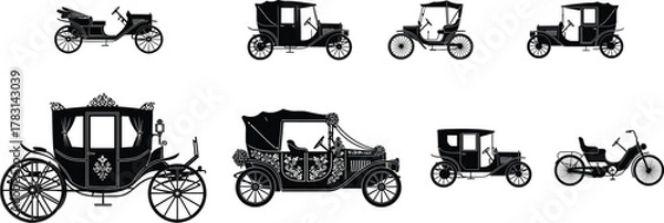 Obraz Vintage vehicle silhouette set, horse carriage and early automobile vector, antique transport icons, editable flat design, black isolated elements