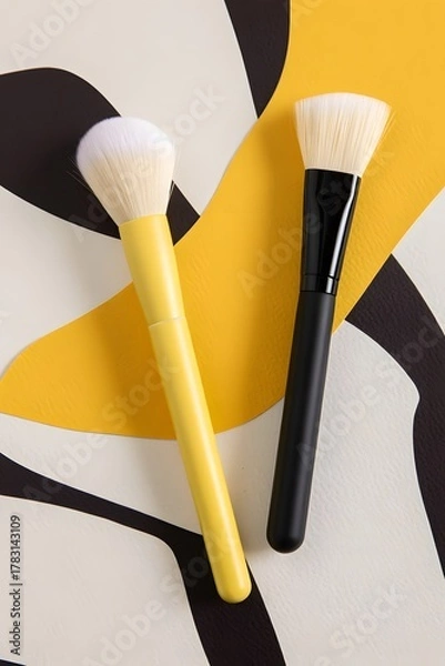 Fototapeta Makeup brushes on abstract background, beauty tools for applying cosmetics and enhancing face