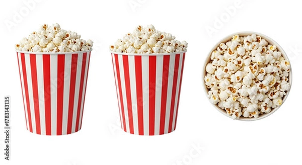 Fototapeta Three containers filled with popcorn against a black background in a studio setting view from above