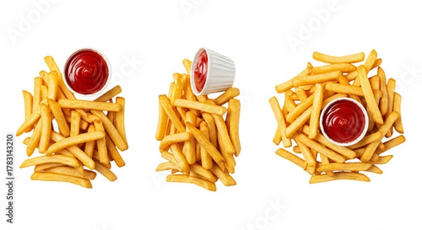 Fototapeta Three portions of french fries with ketchup in white cups on a black background from above view